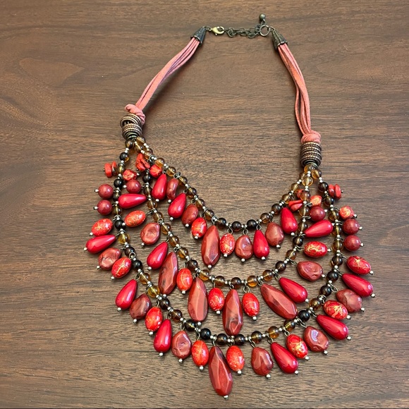 Red Stone Leather 3 Strand Necklace - Picture 1 of 4